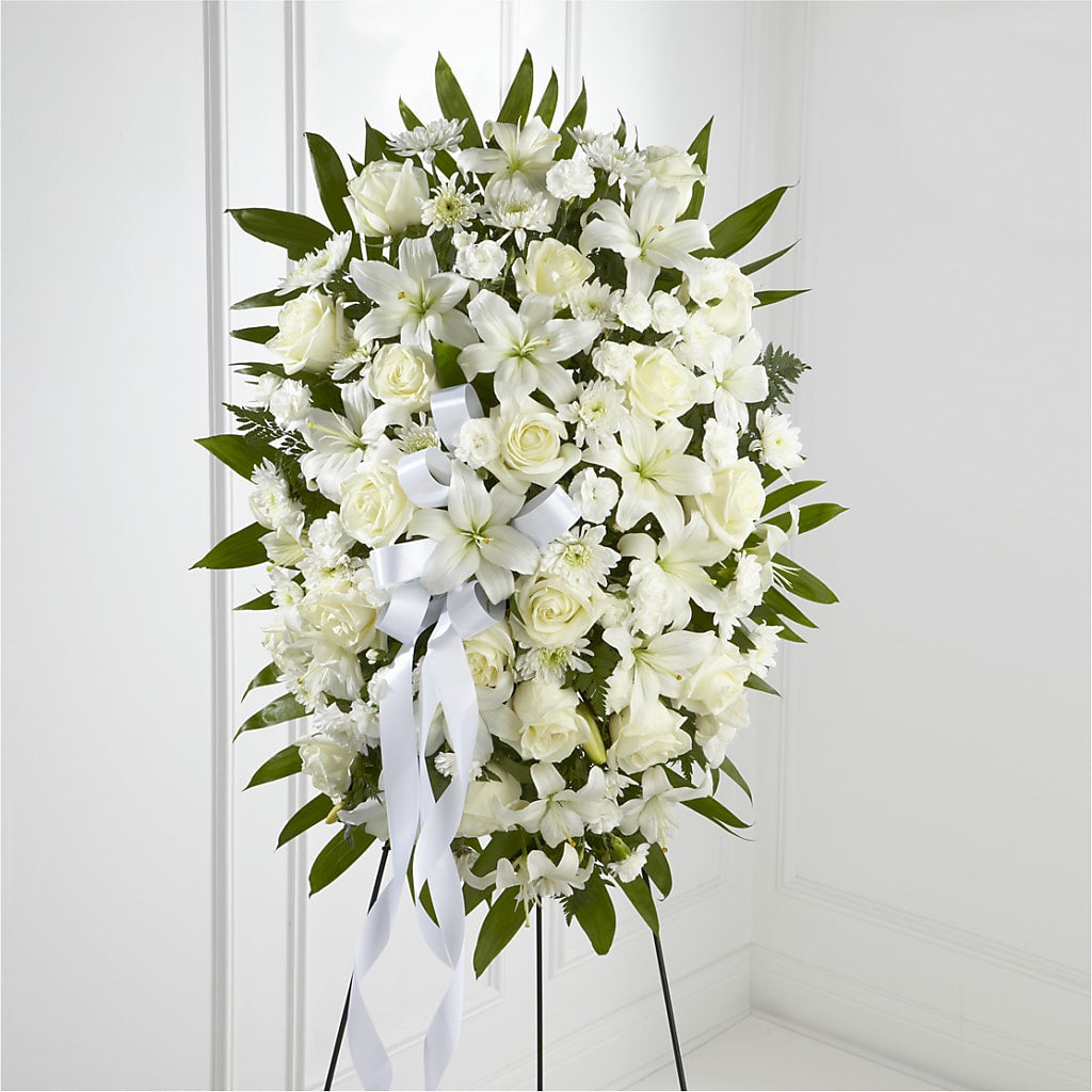 Exquisite Tribute Standing Spray-White Ribbon – MARGARITA'S FLOWERS LLC, Pembroke Pines FL